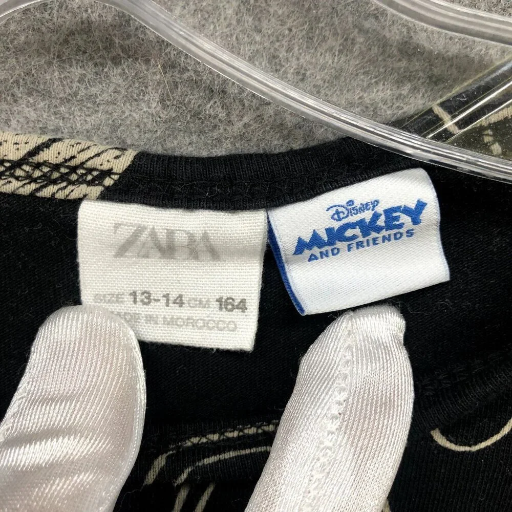 Zara Girls 13-14 Disney Long Sleeve Cropped T Shirt Black Beige Mickey & Friends